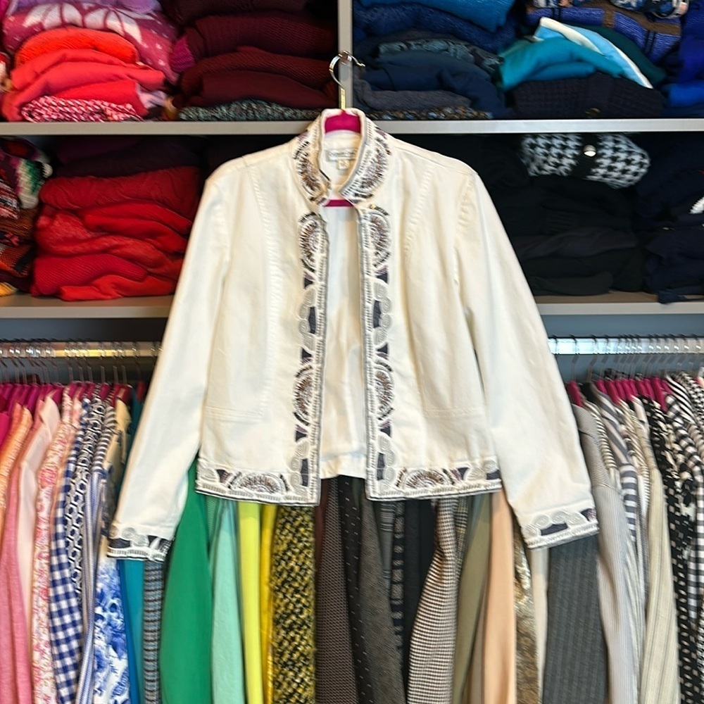 Coldwater Creek white embellished open front jean jacket size S